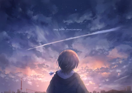 HD anime desktop wallpaper featuring Yū Otosaka from Charlotte, gazing at a colorful sunset sky with a streak of light and Aoy 20th Anniversary text.