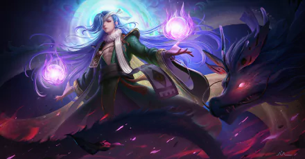 Oriental fantasy sorcerer with flowing blue hair conjures glowing orbs beside a shadowy dragon, vibrant magic scene — 2K Quad HD PC desktop wallpaper/background.