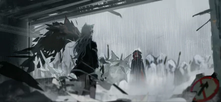 A striking HD wallpaper from Arknights featuring Lappland in a dramatic, rainy scene, surrounded by ominous figures, capturing the intense atmosphere of the game.