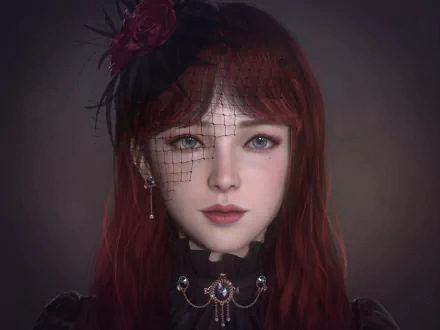 HD fantasy PC desktop wallpaper featuring a woman with red hair, adorned with jewelry, a delicate flower, and a black veil, set against a dark, moody background.