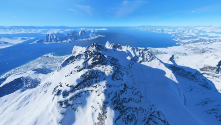 Snow-covered mountain ridge and fjord under a bright blue sky from the video game Battlefield V, snowy mountain landscape rendered as a 2K Quad HD PC desktop wallpaper/background.