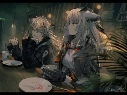 A striking HD wallpaper featuring Lappland and Ptilopsis from Arknights, set in a cozy cafe atmosphere with warm lighting and intricate details, showcasing their unique designs.