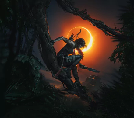 Image of Lara Croft, a woman warrior, from the video game Shadow of the Tomb Raider at night, depicted in a HD desktop wallpaper. She is perched in a tree with a glowing eclipse in the background.
