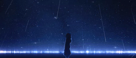Anime-style HD desktop wallpaper showing a silhouette of a girl gazing at a star-filled night sky with multiple shooting stars streaking across.
