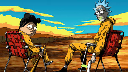 HD desktop wallpaper featuring Rick Sanchez and Morty Smith from the TV show Rick and Morty in a Breaking Bad themed setting, sitting in chairs wearing yellow jumpsuits in a desert landscape.