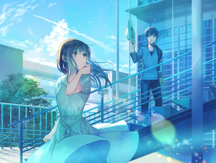 Anime original 2K Quad HD PC desktop wallpaper: a girl in a light dress on rooftop stairs looks back as a smiling boy waves, bathed in bright blue sky, sunlight and soft lens flares.