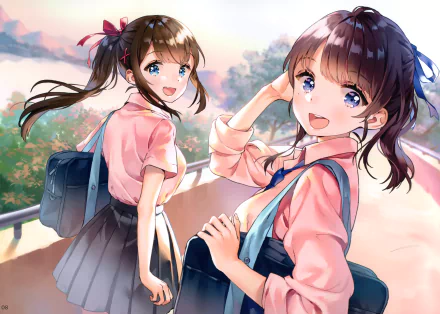 HD anime-style original desktop wallpaper featuring two cheerful schoolgirls with vibrant expressions walking outdoors in bright, warm lighting.