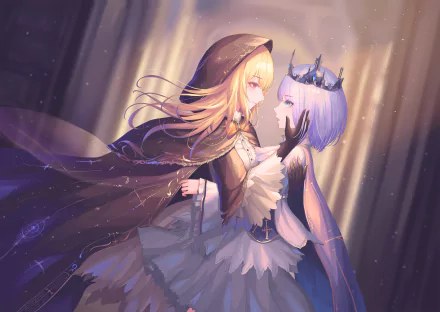 A 4K Ultra HD anime couple, featuring two characters in an intimate embrace with flowing hair and detailed costumes, illuminated by soft, ethereal light.