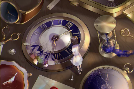 Anime-style HD PC desktop wallpaper featuring a girl interacting with a large vintage clock surrounded by hourglasses and keys, creating a mysterious, original atmosphere.