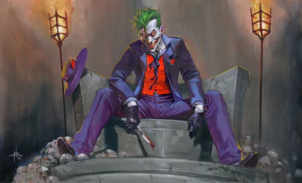 DC Comics comic Joker 2K Quad HD PC desktop wallpaper: grinning, green‑haired Joker in purple suit sits on a stone throne, dagger in hand, flickering lamps behind him.