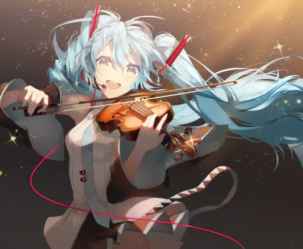 HD anime desktop wallpaper featuring Hatsune Miku from Vocaloid playing a violin with flowing blue hair and a joyful expression.