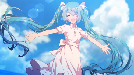 Hatsune Miku from Vocaloid smiles with open arms against a bright blue sky in this vibrant anime HD PC desktop wallpaper.