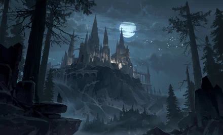 A HD desktop wallpaper depicting a fantasy castle under a full moon surrounded by dark trees, evoking a mystical night scene.
