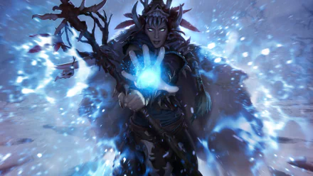 HD PC desktop wallpaper background — video game Legends of Runeterra: a horned, cloaked mage thrusts a glowing blue orb forward as icy shards and snow swirl around.