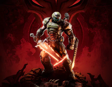 Doomguy from DOOM Eternal stands ready in glowing armor, holding a chainsaw and sword against a dark red background in this 4K Ultra HD PC desktop wallpaper.