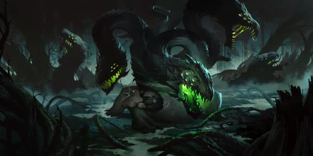 Dark, monstrous creatures with glowing green mouths emerge from shadows in an intense, atmospheric HD PC desktop wallpaper from the video game Legends of Runeterra.