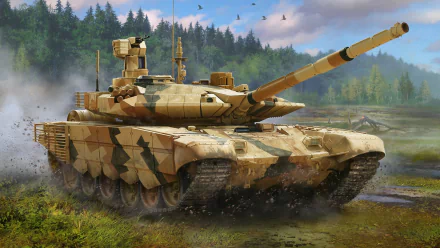 HD PC desktop wallpaper background featuring a camouflaged T-90 military tank advancing through a muddy forest, turret raised and birds flying overhead.