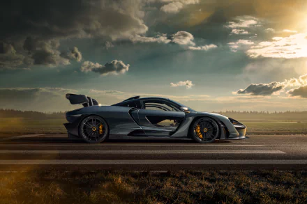 Sleek McLaren Senna supercar captured in stunning 8K Ultra HD, parked on a road under a dramatic sky, showcasing its aerodynamic design and powerful stance.