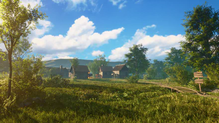 4K Ultra HD desktop wallpaper featuring a vibrant, sunlit countryside scene from the video game The Elder Scrolls IV: Oblivion, with lush greenery and rustic buildings.