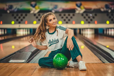 Brunette woman model with ponytail smiling in a bowling alley, seated beside a green ball; shallow depth of field. 4K Ultra HD PC desktop wallpaper and background.