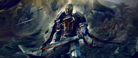 A fierce fantasy knight clad in dark armor stands ready with a sword, set against a stormy, chaotic battlefield in this 4K Ultra HD PC desktop wallpaper.