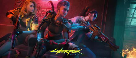 Three armed woman warriors in a cyberpunk setting from the video game Cyberpunk 2077, shown in high detail as a PC desktop wallpaper and background.
