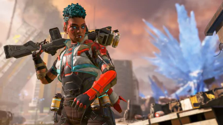 Bangalore (Apex Legends) aims her rifle on a shattered icy battlefield — 4K Ultra HD PC desktop wallpaper/background showcasing the video game Apex Legends.