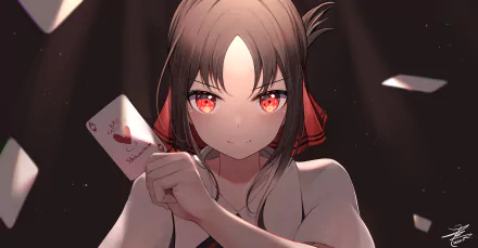 HD wallpaper of Kaguya Shinomiya from Kaguya-sama: Love is War, holding a playing card, with intense red eyes and papers fluttering around her.