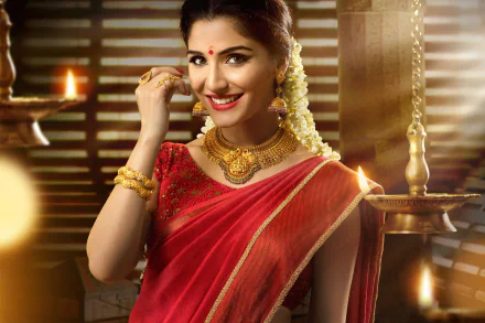 HD PC wallpaper: smiling Indian woman in a red saree with gold necklace, brown eyes and lipstick, jasmine flowers in her hair, warm lamp-lit background.