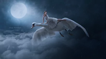  Girl on Magical Flying Swan on a Full Moon Night by Doaa Hammam
