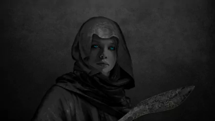 Dark HD PC desktop wallpaper of a hooded woman with a pale face and glowing teal eyes, wrapped in a scarf and holding a weathered blade against a textured gray background.