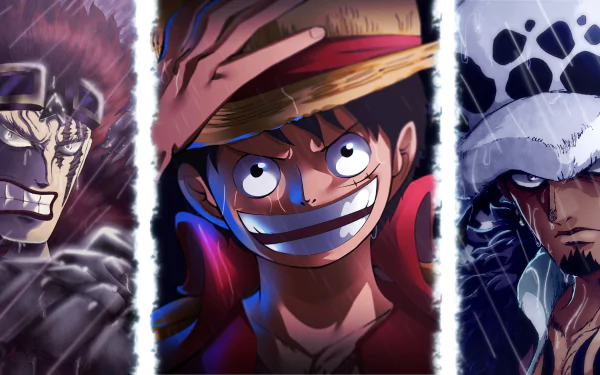 HD desktop wallpaper featuring Eustass Kid, Monkey D. Luffy, and Trafalgar Law from the anime One Piece. The image showcases intense expressions and dynamic lighting on all three characters.