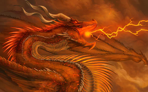 A fiery dragon breathes lightning against a stormy sky in this detailed fantasy 4K Ultra HD PC desktop wallpaper and background.
