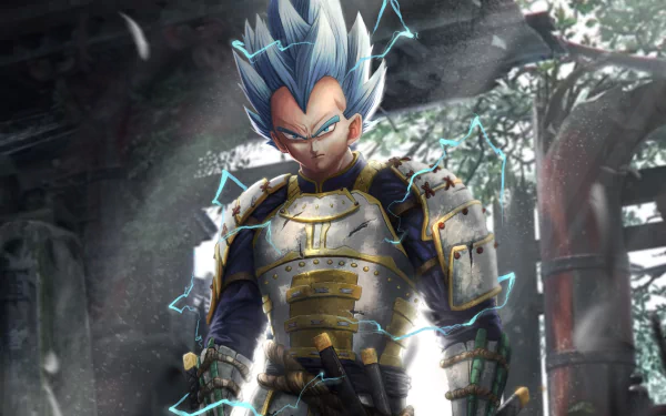 HD anime samurai wallpaper featuring Vegeta from Dragon Ball in electrified armor, blending traditional samurai elements with the iconic anime character.