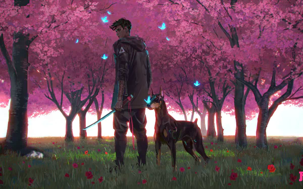 A fantasy warrior with a sword stands beside a Doberman Pinscher under vibrant pink blossom trees, surrounded by glowing blue butterflies in an HD desktop wallpaper scene.