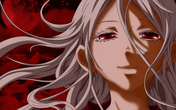 HD PC desktop wallpaper featuring Shiro from the anime Deadman Wonderland, showcasing her white hair and red eyes against a dark, intense background.