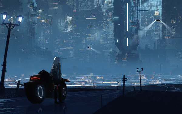 A futuristic anime scene featuring a person with white hair and a motorcycle, set against a sci-fi cityscape at night. The image is a high-definition desktop wallpaper.