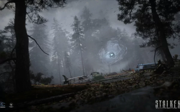Foggy forest scene with abandoned vehicles and a mysterious glowing portal in the distance from the video game S.T.A.L.K.E.R. 2: Heart of Chernobyl, presented as 4K Ultra HD wallpaper.