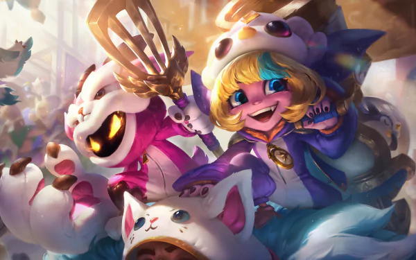 HD desktop wallpaper featuring Tristana and Veigar from League of Legends in vibrant, dynamic action within a playful, festive setting from the video game.