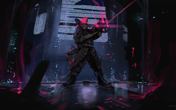 Sci-fi warrior in armor wielding a neon pink holographic blade amid a dark, futuristic chamber with digital debris — 4K Ultra HD PC desktop wallpaper background.