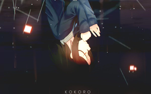 Himeko Inaba from Kokoro Connect — anime 2K Quad HD PC desktop wallpaper: the character upside down against a dark, starry background with soft, glowing lantern-like lights.