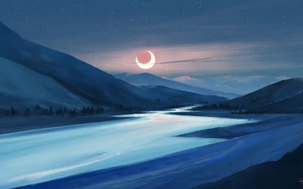 A fantasy landscape HD desktop wallpaper depicting a glowing crescent moon during a night eclipse over a mountain river under a starry sky.