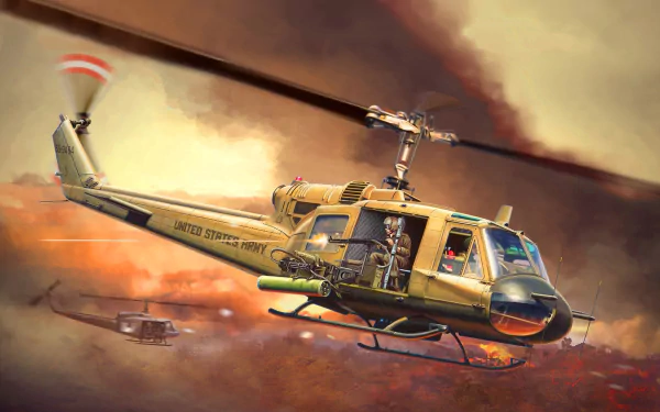 HD PC desktop wallpaper of a military Bell UH-1 Iroquois attack helicopter aircraft, flying over smoky, orange‑tinted skies with companion helicopters in the background.