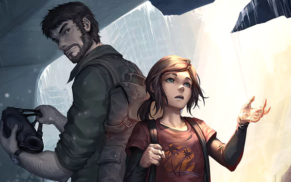 HD PC desktop wallpaper featuring Ellie and Joel from the video game The Last of Us Part II, captured in a dramatic, post-apocalyptic setting.