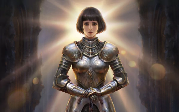 A woman warrior with short brown hair stands confidently in shining armor, inspired by Joan of Arc. Illuminated by a radiant light, she embodies strength and bravery in a fantasy setting.
