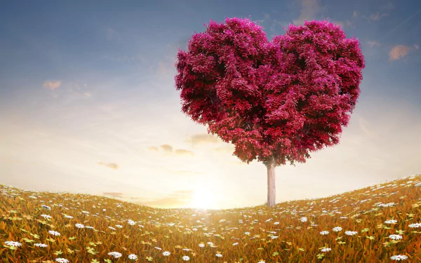 HD desktop wallpaper featuring a field with a tree shaped like a heart, symbolizing love, under a clear sky. The scene evokes an artistic and serene atmosphere.