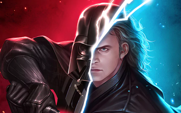 HD PC desktop wallpaper featuring a split image of Anakin Skywalker and Darth Vader, highlighting the Sith legacy in Star Wars sci-fi universe.