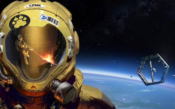 4K Ultra HD wallpaper featuring an astronaut in a space station suit from the video game Hardspace: Shipbreaker, set against a cosmic backdrop with Earth and a floating structure.