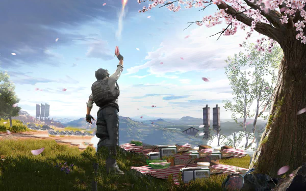 A Playerunknown's Battlegrounds scene with a flare shooting into the sky, set in a detailed landscape with cherry blossoms, rendered in 4K Ultra HD for PC wallpaper.