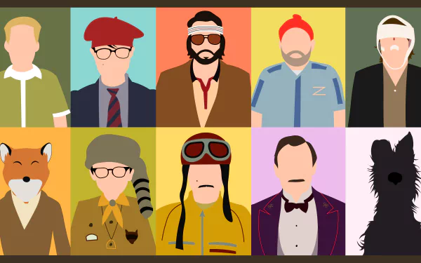 Steve Zissou Richie Tenenbaum Max Fischer Dignan Isle of Dogs The Grand Budapest Hotel Moonrise Kingdom Fantastic Mr. Fox The Darjeeling Limited The Life Aquatic with Steve Zissou The Royal Tenenbaums Rushmore (Movie) Bottle Rocket movie collage HD Desktop Wallpaper | Background Image